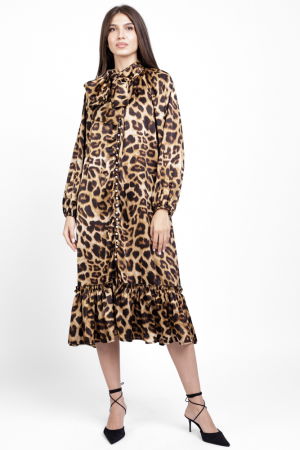 Rochie eleganta din satin, cu nasturei albi perlati si imprimeu animal print [0]