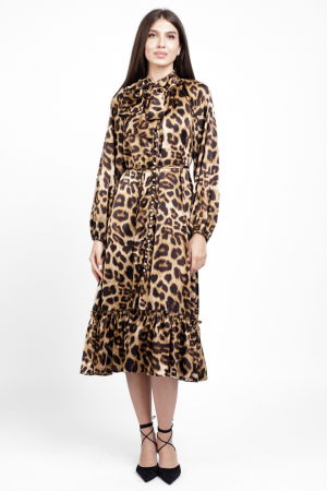 Rochie eleganta din satin, cu nasturei albi perlati si imprimeu animal print [3]