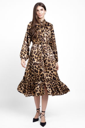 Rochie eleganta din satin, cu nasturei albi perlati si imprimeu animal print [2]
