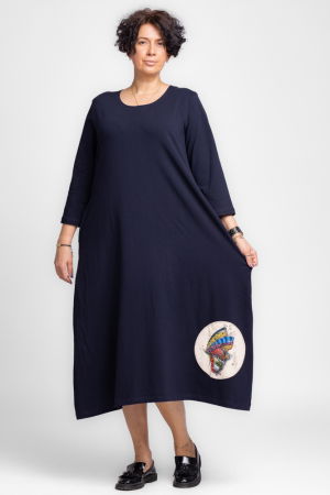 Rochie lunga A-line din tricot de bumbac bleumarin cu imprimeu fluture [3]