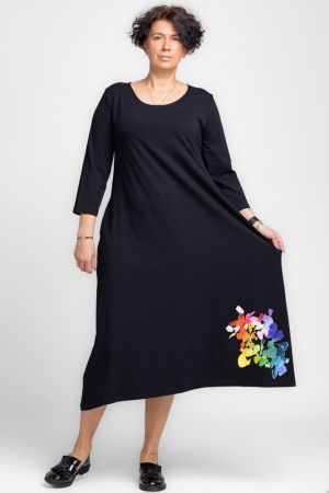 Rochie lunga A-line din tricot de bumbac neagra cu imprimeu petale [2]