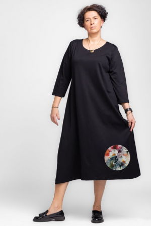 Rochie lunga A-line din tricot de bumbac neagra cu imprimeu floare acuarela [1]