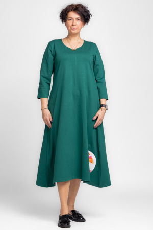 Rochii Casual - Rochie lunga A-line din jerseu punto milano verde cu aplicatie flori