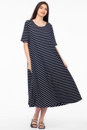 Rochii Casual - Rochie lunga A-line, din tricot de bumbac, cu dungi albe pe fond bleumarin