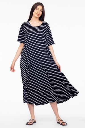 Rochie lunga A-line, din tricot de bumbac, cu dungi albe pe fond bleumarin [2]