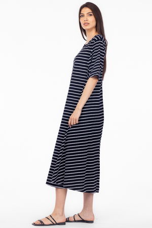 Rochie lunga A-line, din tricot de bumbac, cu dungi albe pe fond bleumarin [3]