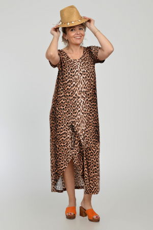 Rochii Casual - Rochie lunga A-line din tricot de vascoza cu siret la poale, imprimeu animal print