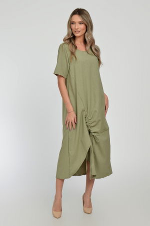 Rochie lunga A-line din in mercerizat cu siret la poale, kaki deschis [2]