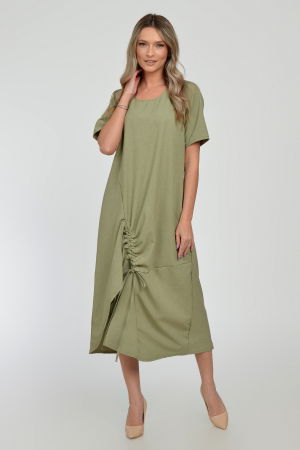 Rochie lunga A-line din in mercerizat cu siret la poale, kaki deschis [1]