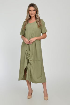 Rochii Casual - Rochie lunga A-line din in mercerizat cu siret la poale, kaki deschis
