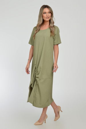 Rochie lunga A-line din in mercerizat cu siret la poale, kaki deschis [5]