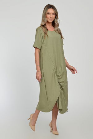 Rochie lunga A-line din in mercerizat cu siret la poale, kaki deschis [3]
