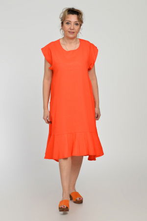 Rochie midi A-line din in mercerizat cu buzunare si volan, corai [4]