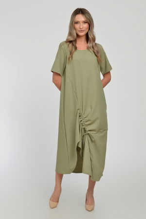 Rochie lunga A-line din in mercerizat cu siret la poale, kaki deschis [7]