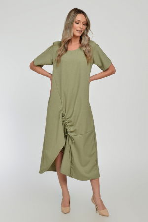 Rochie lunga A-line din in mercerizat cu siret la poale, kaki deschis [8]