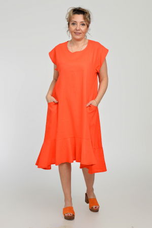 Rochii Casual - Rochie midi A-line din in mercerizat cu buzunare si volan, corai