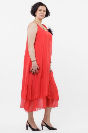 Rochie lunga A-line, suprapusa, din matase si vascoza, rosie [3]