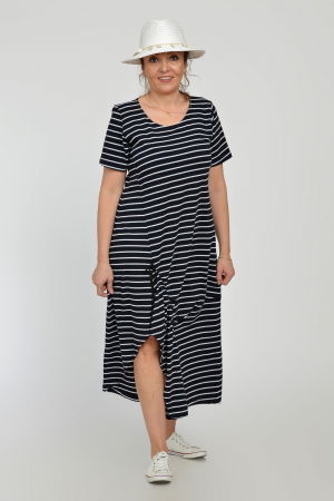 Rochie lunga A-line din tricot de vascoza cu siret la poale, bleumarin cu dungi albe [6]