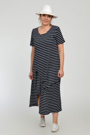 Rochie lunga A-line din tricot de vascoza cu siret la poale, bleumarin cu dungi albe [7]