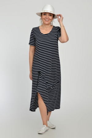 Rochii din Jerseu - Rochie lunga A-line din tricot de vascoza cu siret la poale, bleumarin cu dungi albe