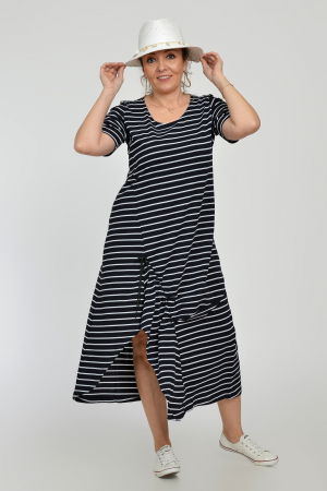 Rochie lunga A-line din tricot de vascoza cu siret la poale, bleumarin cu dungi albe [3]