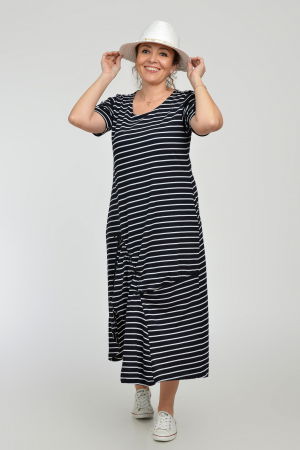 Rochie lunga A-line din tricot de vascoza cu siret la poale, bleumarin cu dungi albe [4]