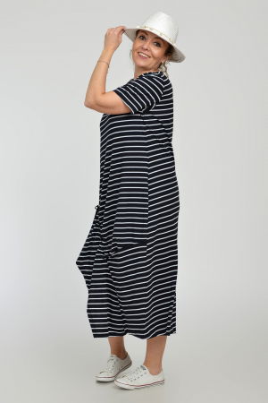 Rochie lunga A-line din tricot de vascoza cu siret la poale, bleumarin cu dungi albe [1]