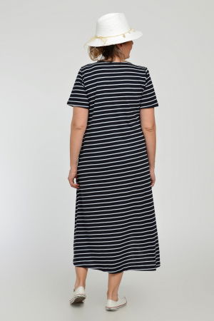 Rochie lunga A-line din tricot de vascoza cu siret la poale, bleumarin cu dungi albe [9]