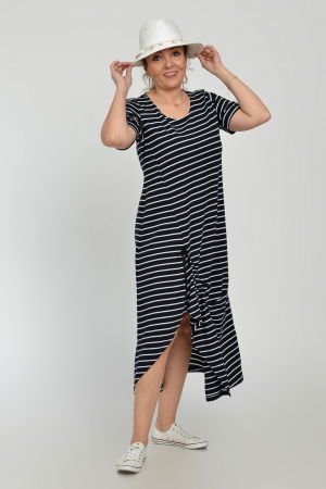 Rochie lunga A-line din tricot de vascoza cu siret la poale, bleumarin cu dungi albe [2]