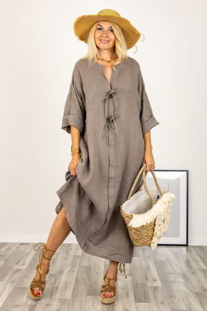 Rochie din in, cu doi nasturi decorativi pe piept, bej inchis [3]