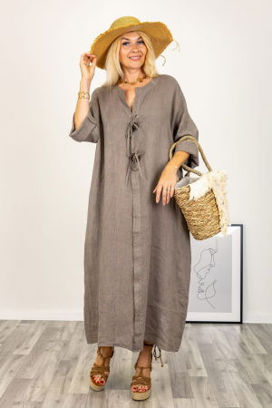 Rochie din in, cu doi nasturi decorativi pe piept, bej inchis [7]