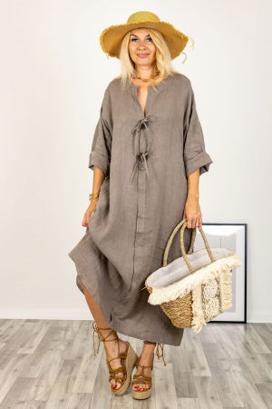 Rochie din in, cu doi nasturi decorativi pe piept, bej inchis [4]