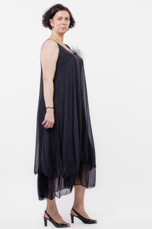 Rochie lunga A-line, suprapusa, din matase si vascoza, neagra [2]