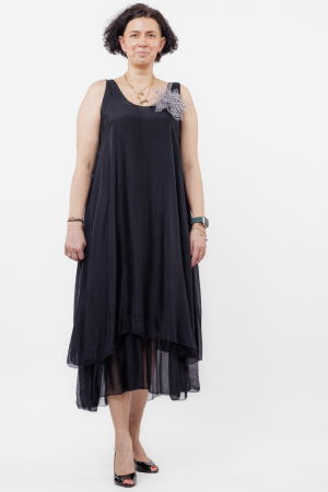 Rochie lunga A-line, suprapusa, din matase si vascoza, neagra [1]