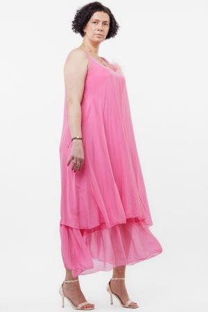 Rochie lunga A-line, suprapusa, din matase si vascoza, fucsia [2]