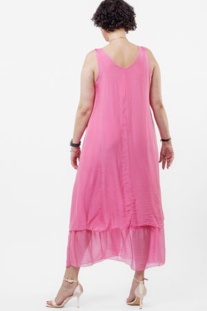 Rochie lunga A-line, suprapusa, din matase si vascoza, fucsia [3]