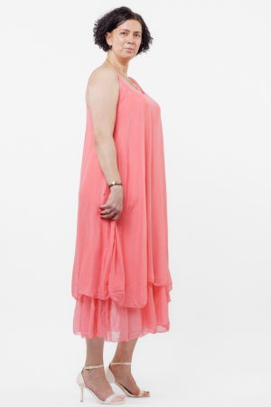 Rochie lunga A-line, suprapusa, din matase si vascoza, roz coral [2]