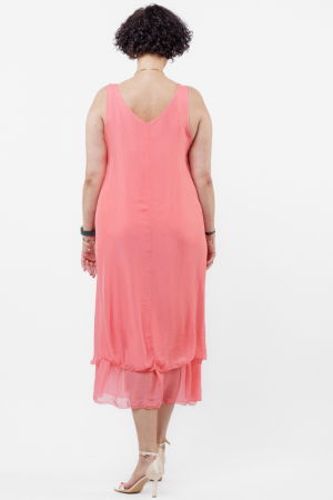 Rochie lunga A-line, suprapusa, din matase si vascoza, roz coral [3]