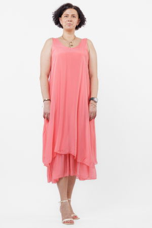 Rochie lunga A-line, suprapusa, din matase si vascoza, roz coral [1]