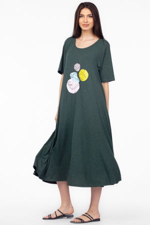 Rochie lunga A-line verde, cu imprimeu grafic chip, din tricot de bumbac [1]