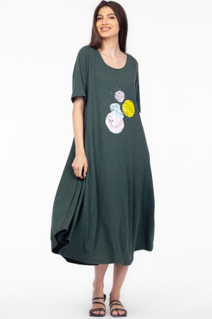 Rochii din Jerseu - Rochie lunga A-line verde, cu imprimeu grafic chip, din tricot de bumbac