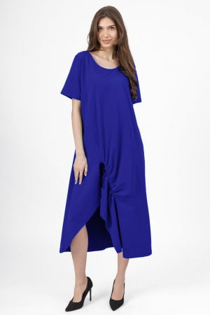 Rochii masuri mari - Rochie lunga A-line albastra, din tricot de bumbac cu siret la poale