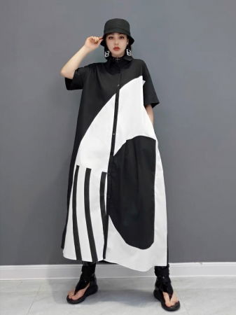 Rochii Elegante & Office - Rochie midi camasa alb-negru din poplin de bumbac