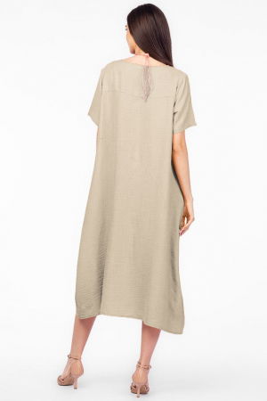 Rochie lunga bej din in mercerizat, marime oversize cu fluture stilizat [2]