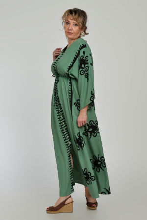 Rochie lunga, kaki, cu elastic in talie si imprimeu decoativ alb, din vascoza [5]