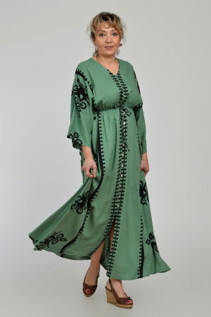 Rochii Casual - Rochie lunga, kaki, cu elastic in talie si imprimeu decoativ alb, din vascoza