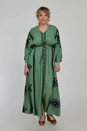 Rochie lunga, kaki, cu elastic in talie si imprimeu decoativ alb, din vascoza [3]