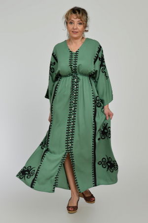 Rochie lunga, kaki, cu elastic in talie si imprimeu decoativ alb, din vascoza [4]