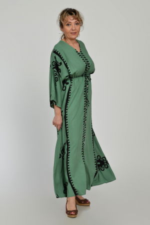 Rochie lunga, kaki, cu elastic in talie si imprimeu decoativ alb, din vascoza [6]