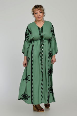 Rochie lunga, kaki, cu elastic in talie si imprimeu decoativ alb, din vascoza [1]